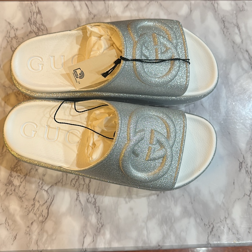 Silver, Glittery Gucci Slides With 2in Platform.